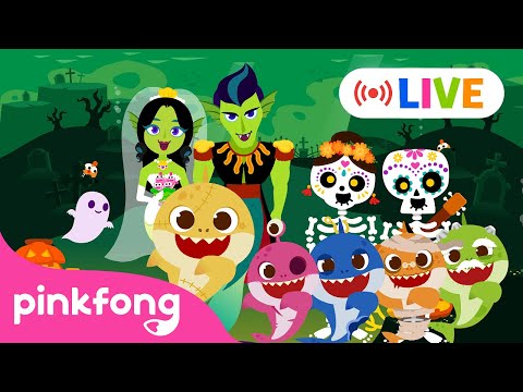 [🔴LIVE] 🎃 2024 Best Halloween Hit Songs | Zombie Sharks, Monsters, Vampires | Official Pinkfong