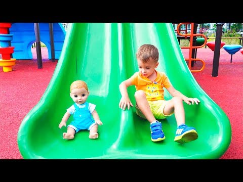 Vlad and Nikita play with Dolls on Outdoor playground