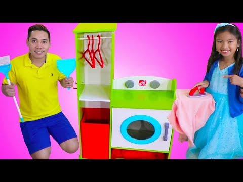 Wendy Pretend Play CLEANING with her Giant Washing Machine & Cleaning Toys