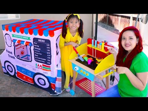 ⁣Wendy Pretend Play Cooking with Food Truck Tent & Wooden BBQ Grill Toys