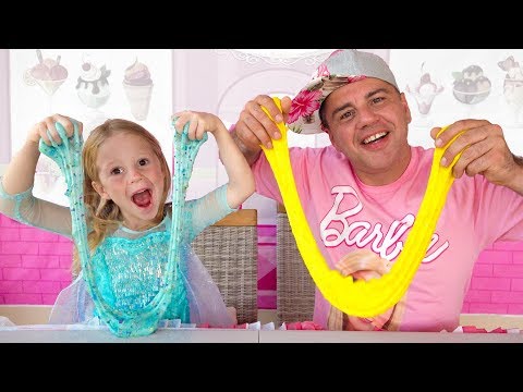 ⁣Nastya and papa Pretend Play Making Satisfying Colorful Glitter Glue Slime