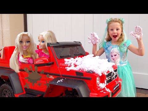 Nasty playing Car Wash with Cleaning Toys