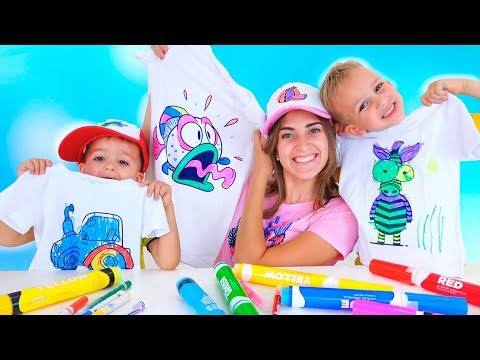 Vlad, Nikita and Mom paint T-shirts and caps! 3 Marker Challenge