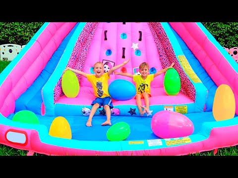 Huge Eggs Surprise Toys Challenge with Inflatable slide for Vlad and Nikita